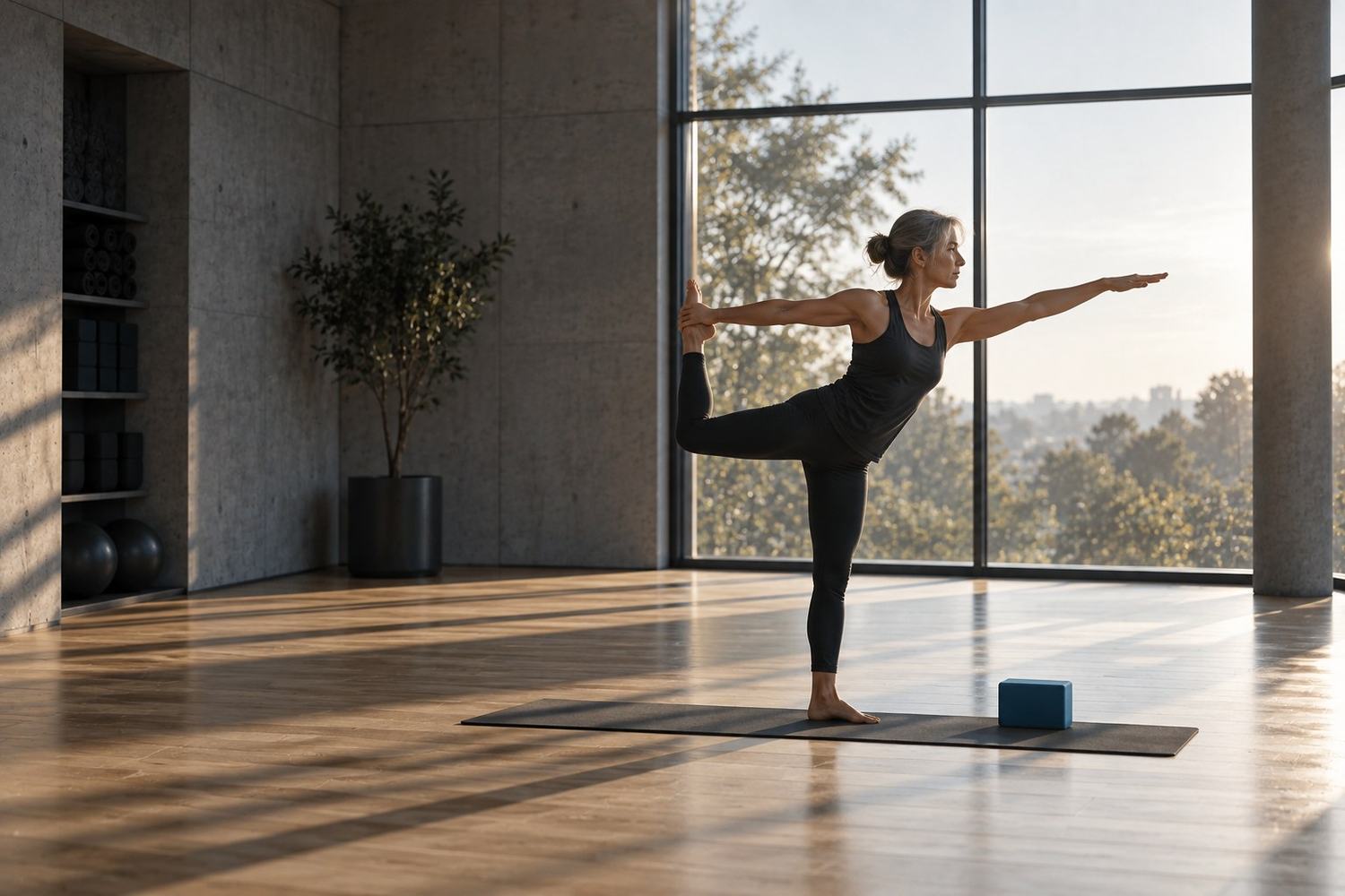 A woman holding a balance pose in a daylit studio