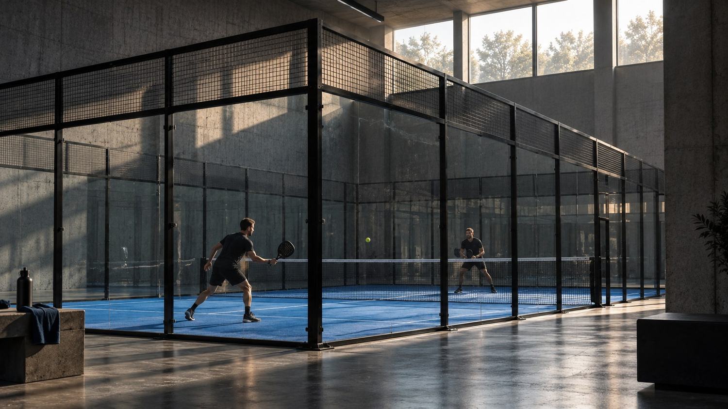 Two players mid-rally on an indoor padel court