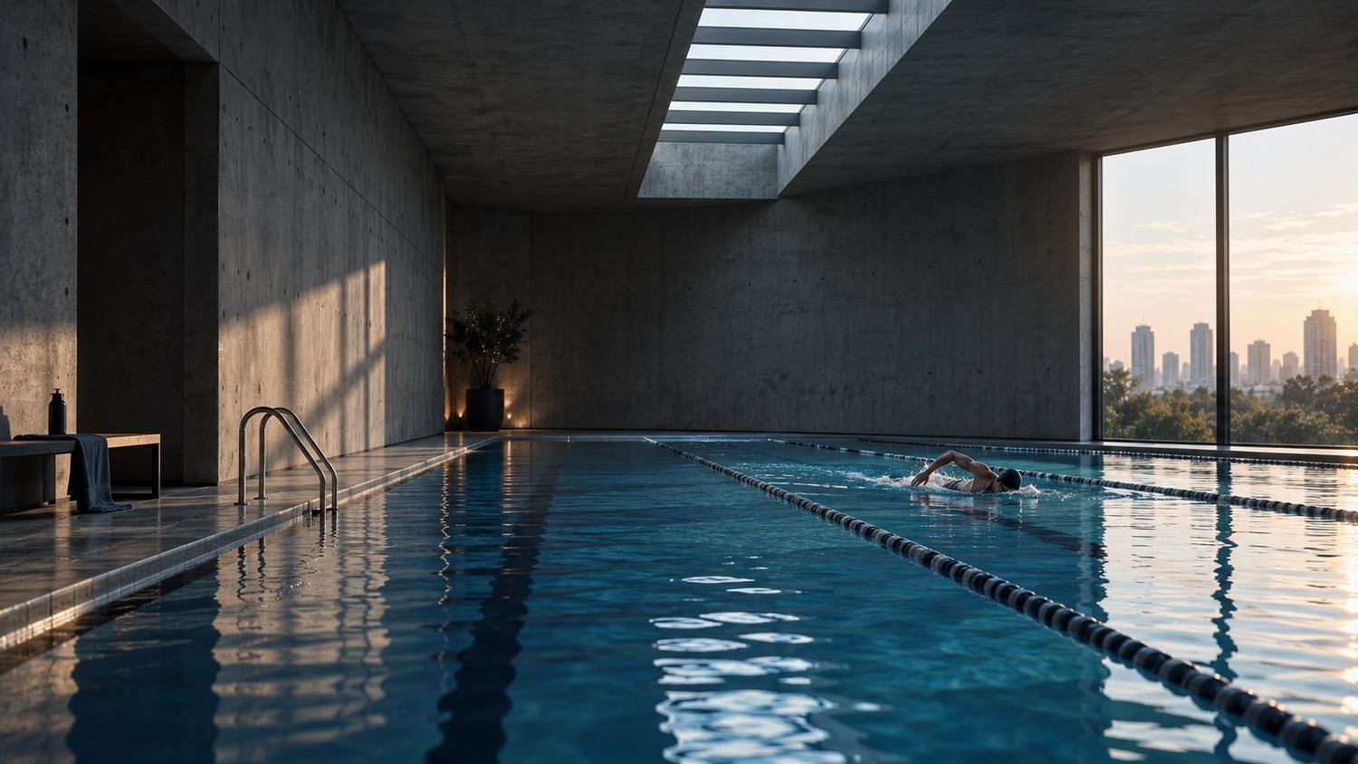 A swimmer mid-stroke in a lap pool