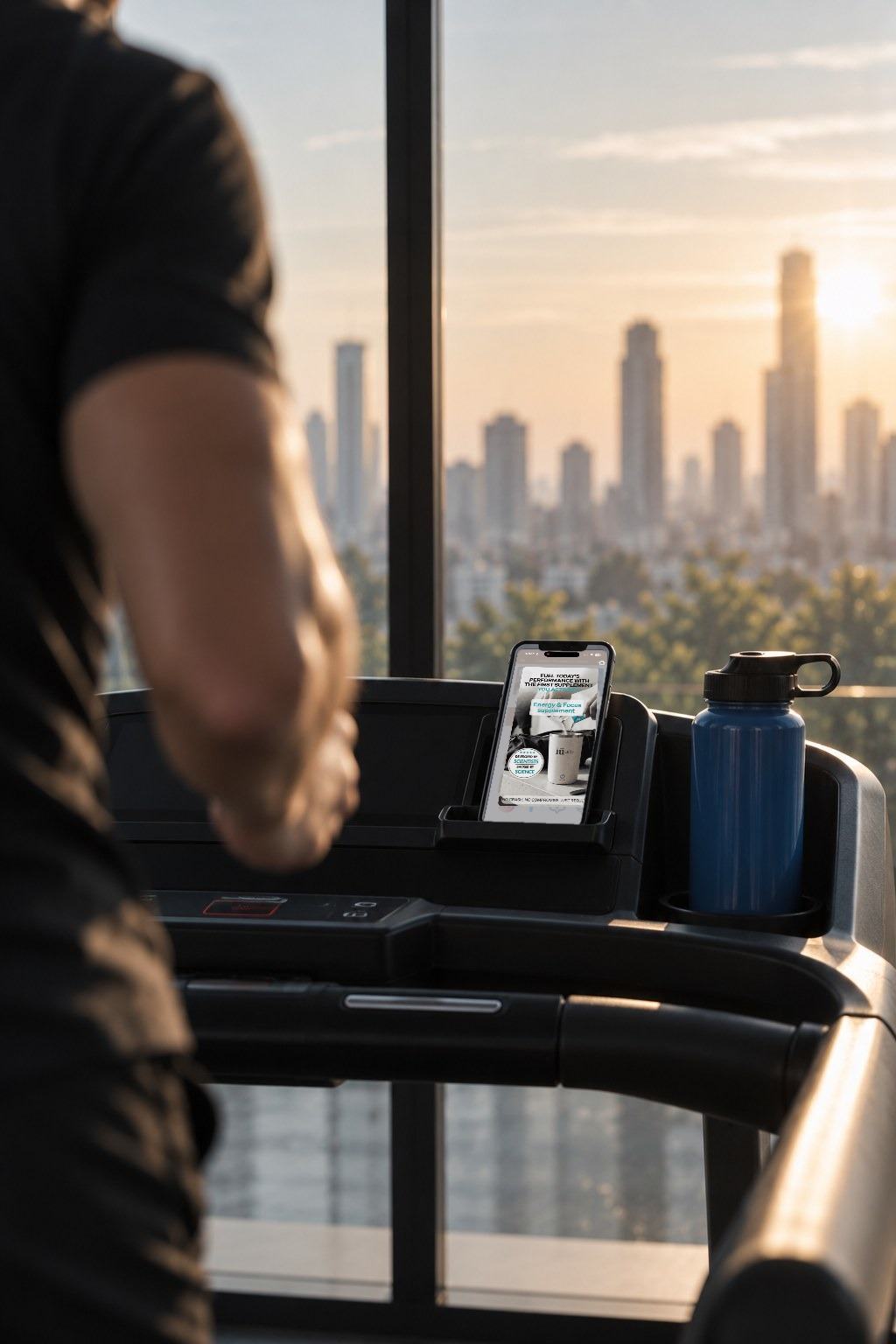 A phone on a treadmill console showing a brand ad