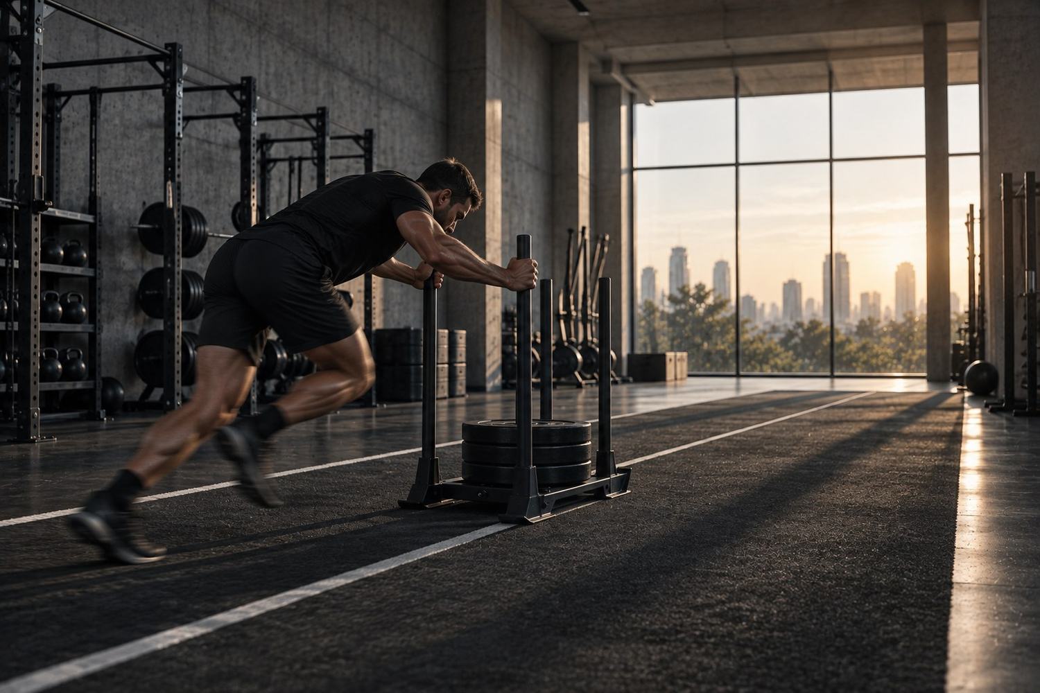 A man driving a weighted sled towards a glass wall